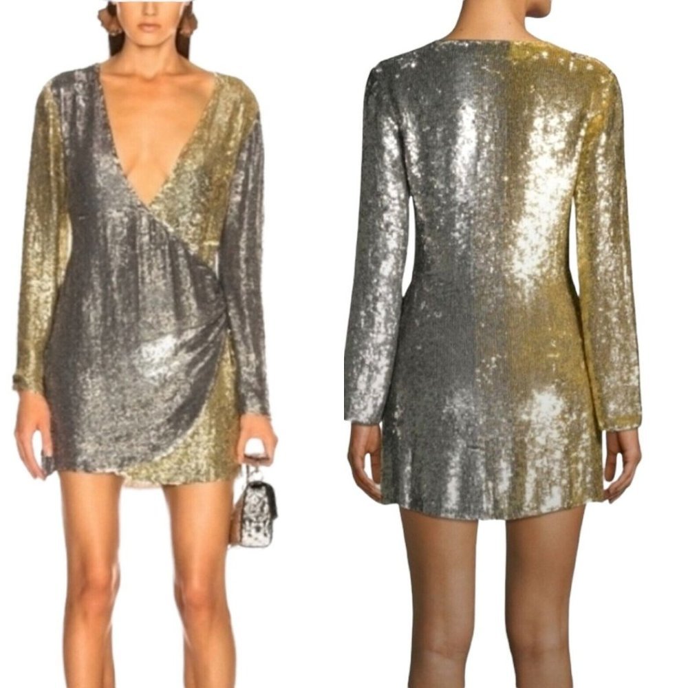 Revolve Retrofete Christine Sequins Mini Dress Longsleeve Gold Silver Sz L NWT